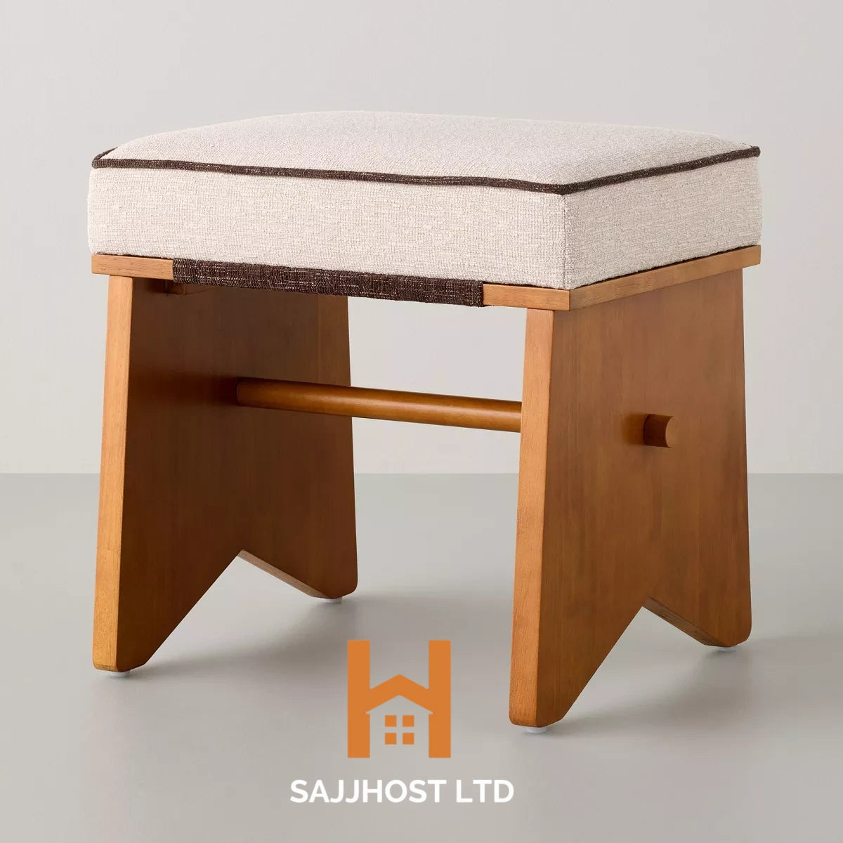 Upholstered Mid Century Ottoman Cream