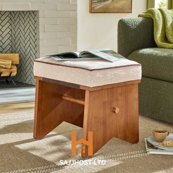 Upholstered Mid Century Ottoman Cream